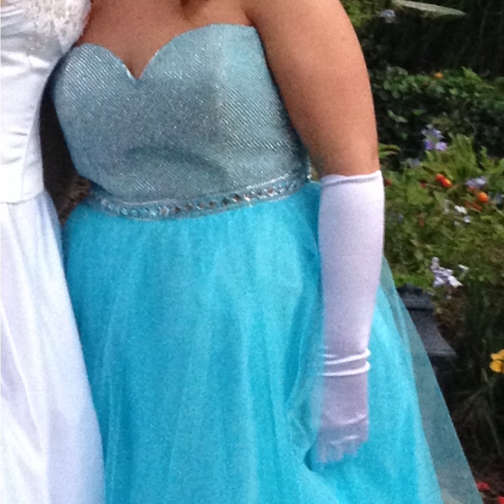 Floor length blue, strapless ball gown